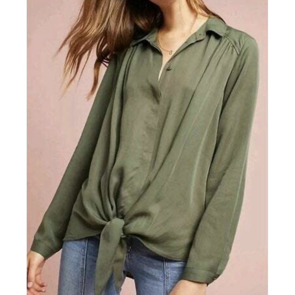 Maeve Tuesday Button Down Shirt Green Long Sleeve Tie Front Collared Size‎ Large